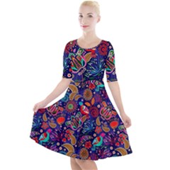 Pattern Colorful Bird Leaf Flower Quarter Sleeve A-line Dress