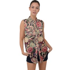 Japanese Flower Art Sleeveless Chiffon Button Shirt