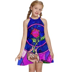 Stained Glass Rose Kids  Halter Collar Waist Tie Chiffon Dress