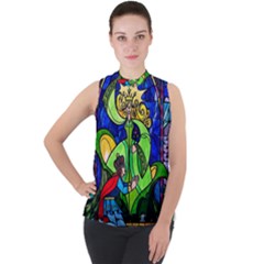 Beauty Stained Glass Rose Mock Neck Chiffon Sleeveless Top by Cowasu