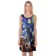 Starry Surreal Psychedelic Astronaut Space Sleeveless Satin Nightdress by Cowasu