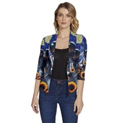 Starry Surreal Psychedelic Astronaut Space Women s Draped Front 3/4 Sleeve Shawl Collar Jacket