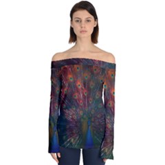 Red Peacock Feather Off Shoulder Long Sleeve Top