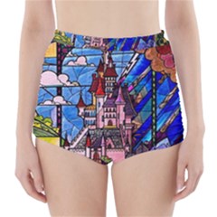 Beauty Stained Glass Castle Building High-waisted Bikini Bottoms by Cowasu