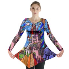 Beauty Stained Glass Castle Building Long Sleeve Tunic  by Cowasu