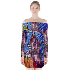 Beauty Stained Glass Castle Building Long Sleeve Off Shoulder Dress by Cowasu