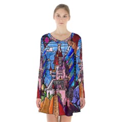 Beauty Stained Glass Castle Building Long Sleeve Velvet V-neck Dress by Cowasu