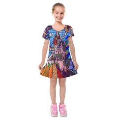 Beauty Stained Glass Castle Building Kids  Short Sleeve Velvet Dress by Cowasu