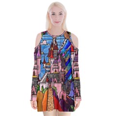 Beauty Stained Glass Castle Building Velvet Long Sleeve Shoulder Cutout Dress by Cowasu