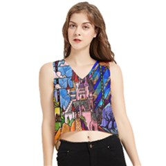 Beauty Stained Glass Castle Building V-neck Cropped Tank Top by Cowasu