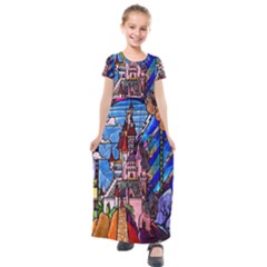 Beauty Stained Glass Castle Building Kids  Short Sleeve Maxi Dress by Cowasu