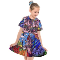 Beauty Stained Glass Castle Building Kids  Short Sleeve Shirt Dress by Cowasu