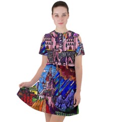 Beauty Stained Glass Castle Building Short Sleeve Shoulder Cut Out Dress 