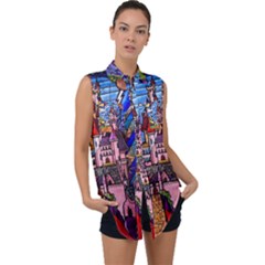 Beauty Stained Glass Castle Building Sleeveless Chiffon Button Shirt