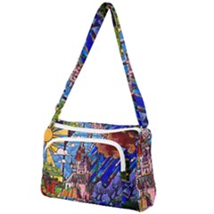 Beauty Stained Glass Castle Building Front Pocket Crossbody Bag