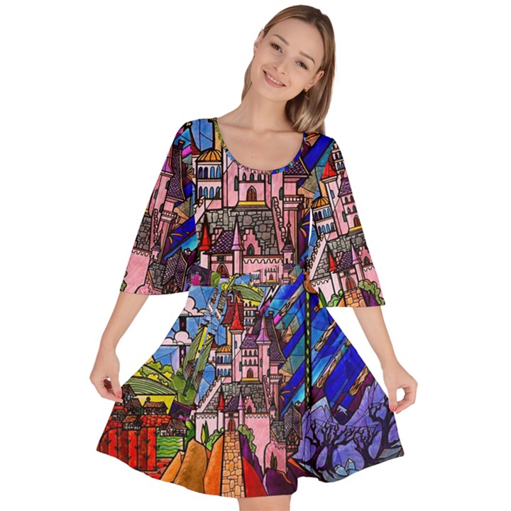 Beauty Stained Glass Castle Building Velour Kimono Dress