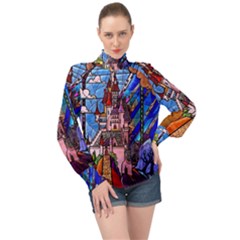 Beauty Stained Glass Castle Building High Neck Long Sleeve Chiffon Top by Cowasu