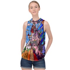 Beauty Stained Glass Castle Building High Neck Satin Top by Cowasu