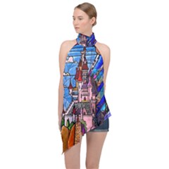 Beauty Stained Glass Castle Building Halter Asymmetric Satin Top