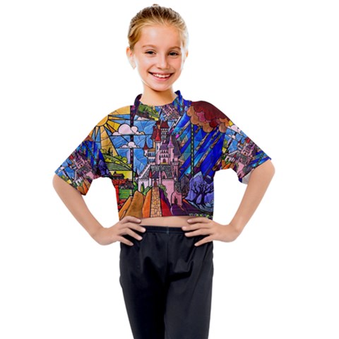 Beauty Stained Glass Castle Building Kids Mock Neck Tee by Cowasu