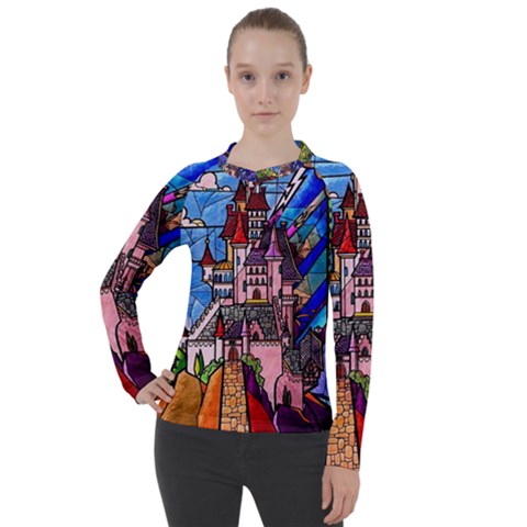 Beauty Stained Glass Castle Building Women s Pique Long Sleeve Tee by Cowasu