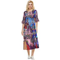 Beauty Stained Glass Castle Building Double Cuff Midi Dress by Cowasu