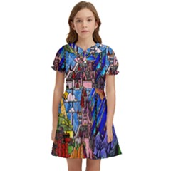Beauty Stained Glass Castle Building Kids  Bow Tie Puff Sleeve Dress by Cowasu