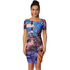 Beauty Stained Glass Castle Building Fitted Knot Split End Bodycon Dress by Cowasu