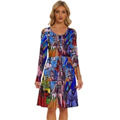 Beauty Stained Glass Castle Building Long Sleeve Dress With Pocket by Cowasu