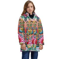 Pink Peacock Bird Pattern Texture Kids  Hooded Longline Puffer Jacket