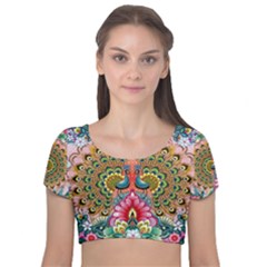 Pink Peacock Bird Pattern Texture Velvet Short Sleeve Crop Top 