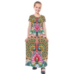 Pink Peacock Bird Pattern Texture Kids  Short Sleeve Maxi Dress by Cowasu