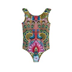 Pink Peacock Bird Pattern Texture Kids  Frill Swimsuit