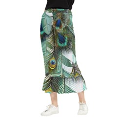 Peacock Feathers Feather Blue Green Maxi Fishtail Chiffon Skirt by Cowasu