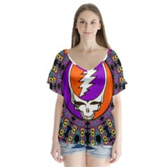 Gratefuldead Grateful Dead Pattern V-neck Flutter Sleeve Top