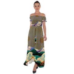 Surreal Art Psychadelic Mountain Off Shoulder Open Front Chiffon Dress