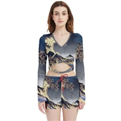 The Great Wave Off Kanagawa Japan Japanese Waves Velvet Wrap Crop Top And Shorts Set by Cowasu