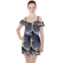 The Great Wave Off Kanagawa Japan Japanese Waves Ruffle Cut Out Chiffon Playsuit