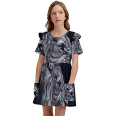 Angry Lion Black And White Kids  Frilly Sleeves Pocket Dress by Cowasu