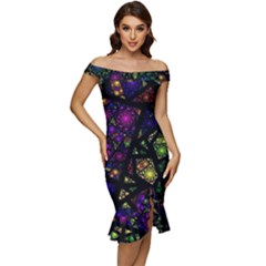 Stained Glass Crystal Art Off Shoulder Ruffle Split Hem Bodycon Dress by Cowasu