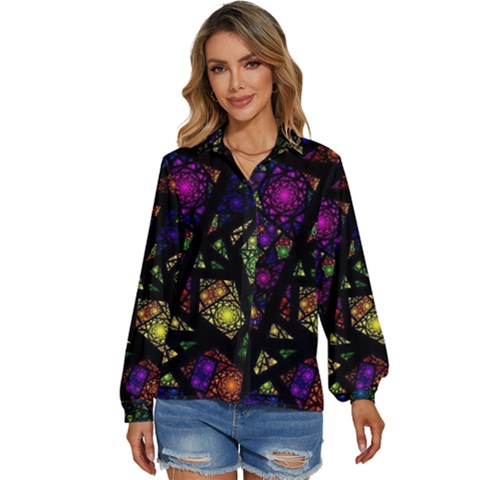 Stained Glass Crystal Art Women s Long Sleeve Button Up Shirt by Cowasu