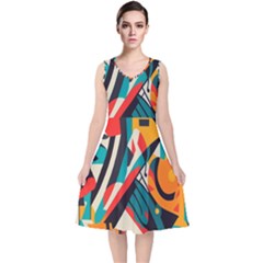 Colorful Abstract V-neck Midi Sleeveless Dress  by Jack14