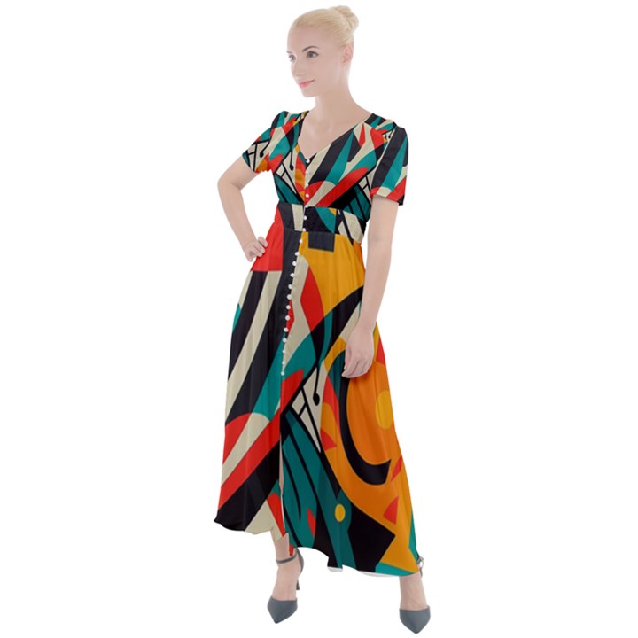 Colorful Abstract Button Up Short Sleeve Maxi Dress