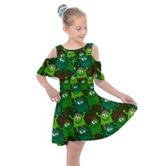 Green Monster Cartoon Seamless Tile Abstract Kids  Shoulder Cutout Chiffon Dress