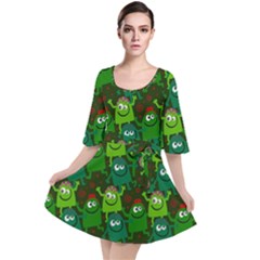 Green Monster Cartoon Seamless Tile Abstract Velour Kimono Dress