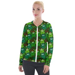Green Monster Cartoon Seamless Tile Abstract Velvet Zip Up Jacket by Bangk1t