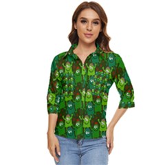 Green Monster Cartoon Seamless Tile Abstract Women s Quarter Sleeve Pocket Shirt