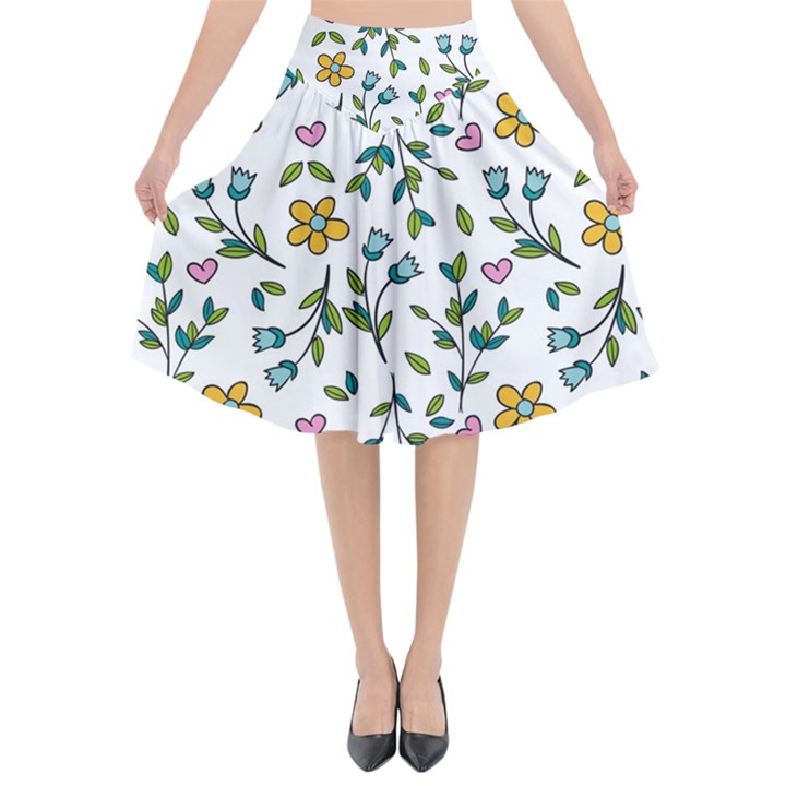 Flower Floral Pattern Flared Midi Skirt