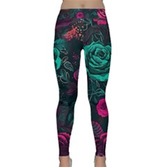 Roses Pink Teal Classic Yoga Leggings