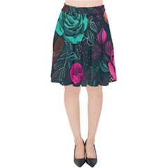 Roses Pink Teal Velvet High Waist Skirt